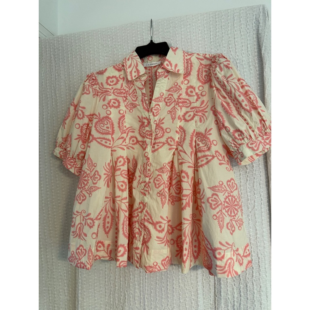 Lilymaes Button Down Blouse Womens Medium Pink Cream Excellent Puff Sleeve Ikat